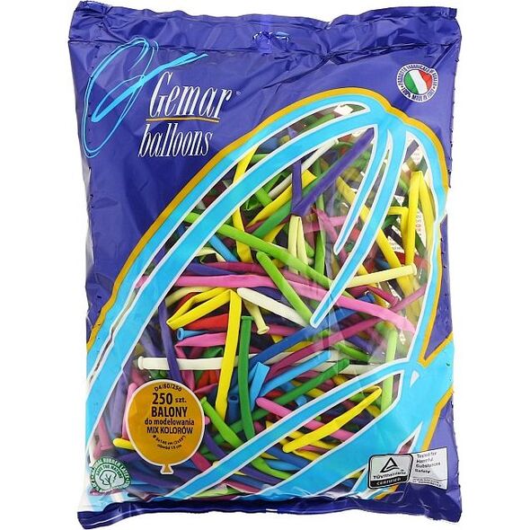 Gemar Balony do modelowania Różnokolorowe Mix, D4, Dł. 140 cm, Śr. 5 cm, 250 szt.
