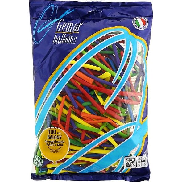 Gemar Balony do modelowania Różnokolorowe Party Mix, D4, Dł. 140 cm, Śr. 5 cm, 100 szt.