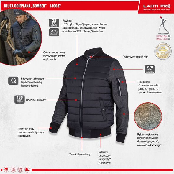 Lahti Pro BLUZA OCIEPLANA "BOMBER" CZARNA,"M", CE, LAHTI