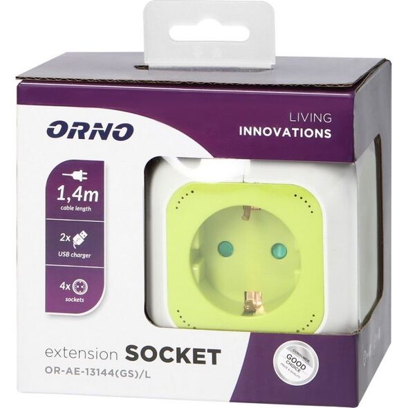 Orno Przedłużacz Kostka 4-krotny(Schuko) z ładowarką 2xUSB 1,4m limonkowy