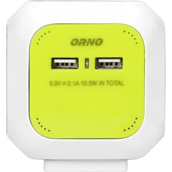Orno Przedłużacz Kostka 4-krotny(Schuko) z ładowarką 2xUSB 1,4m limonkowy