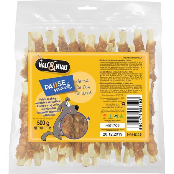 Hau&Miau Patyki ze skóry owinięte kurczakiem Hau&Miau HM-8119 500 g