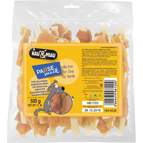 Hau&Miau Hau&Miau Paski ryby owinięte miękką kaczką 500g HM-8121