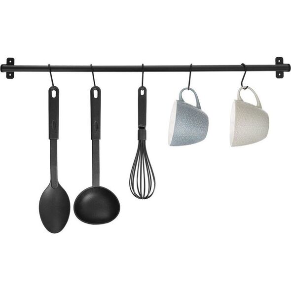 Orion Wieszak reling drążek kuchenny na przybory metalowy czarny haczyki 78,5 cm