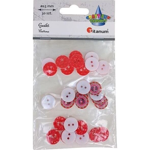 Titanum Guziki plastikowe okrągłe 15mm czerwone mix 30szt