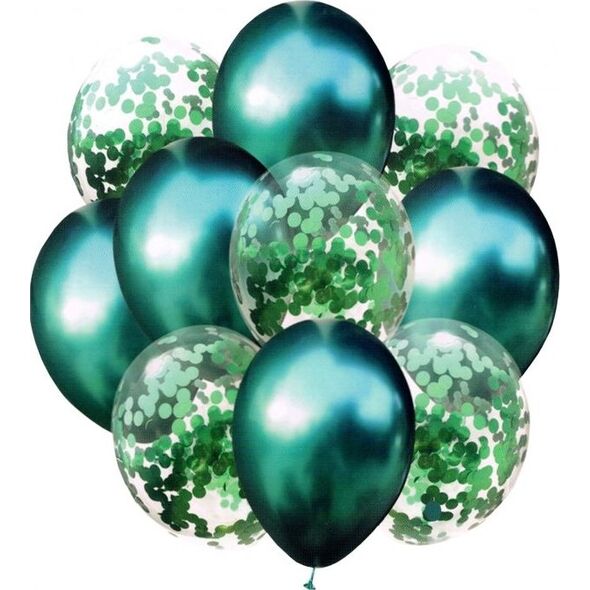 Balony metaliczne + konfetti 10szt 33cm zieleń