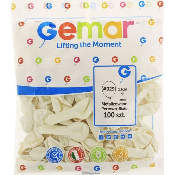 Gemar Balony metaliczne Perłowo-Białe, AM50, 13 cm, 100 szt