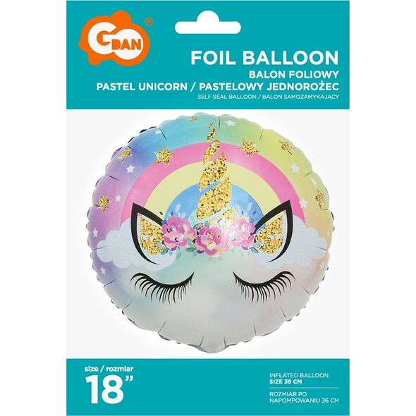 GoDan Balon foliowy Jednorożec, pastelowy, 45 cm, 1 szt.