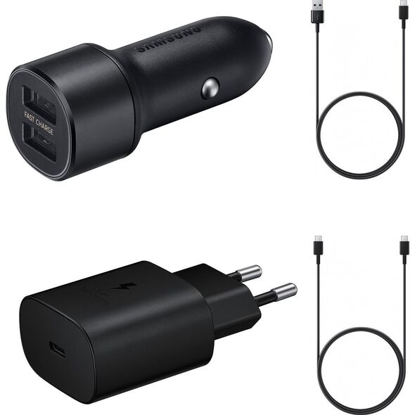Ładowarka Samsung Samsung Charger set zestaw ładowarka samochodowa 15W, ładowarka sieciowa 25W, kabel USB - USB Typ C 1,5m, kabel USB Typ C 1,8m 3A (eco pack) czarny