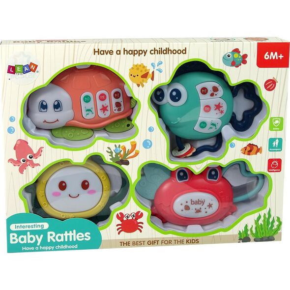 LeanToys Dziecięcy Zestaw Grzechotek 4 Sztuki Żółw Rybka Zwierzęta Morskie Gryzak