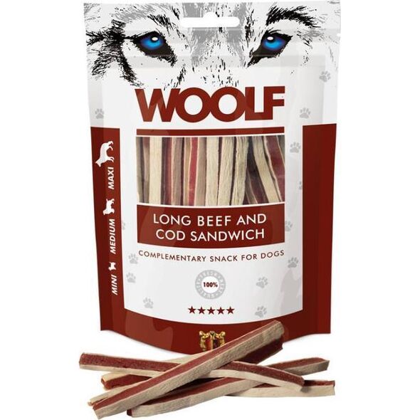 WOOLF  Woolf Przysmak Pies Long Beef&Cod Sandwich - Wołowina z Dorszem paski, 100g