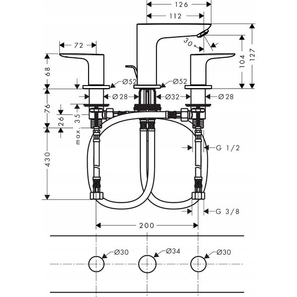 Bateria umywalkowa Hansgrohe Talis E 3-otworowa bateria umywalkowa z cięgłem