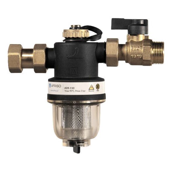 Afriso Kompaktowy magnetyczny separator zanieczyszczeń ADS 110, uniwersalne przyłącza G3/4", Kvs 5,2 m3/h, z zaworem