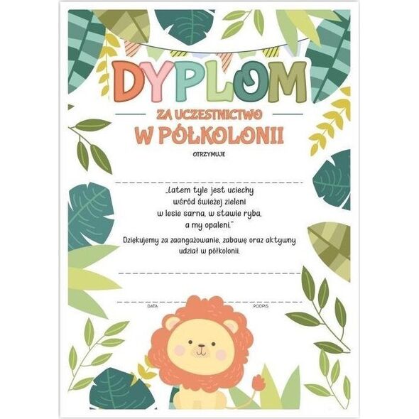 LearnHow Dyplom A4 ukończenia półkolonii - Lew 20szt