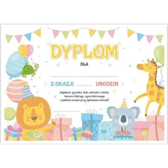 LearnHow Dyplom A4 urodzinowy - Wesołe zwierzaczki 5szt