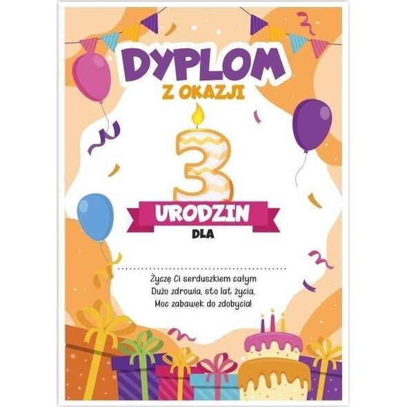 LearnHow Dyplom A5 urodzinowy - trzecie urodziny 5szt