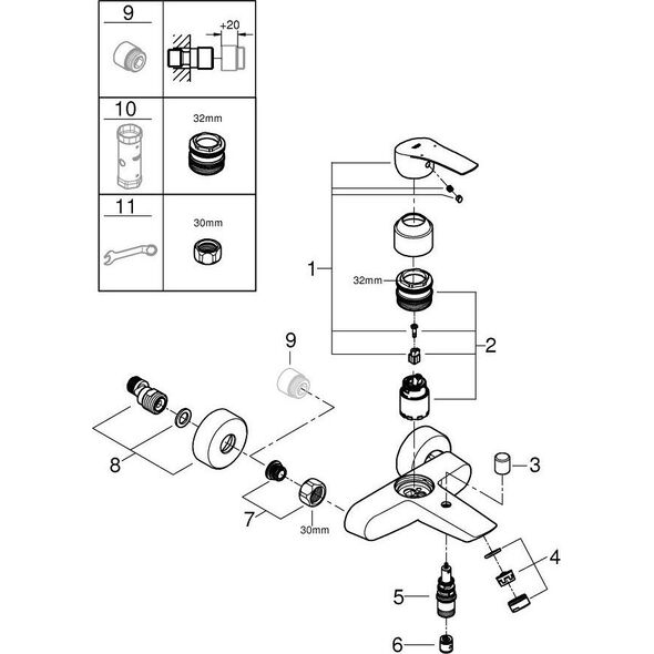 Bateria wannowa Grohe Eurosmart ścienne chrom (33300003)