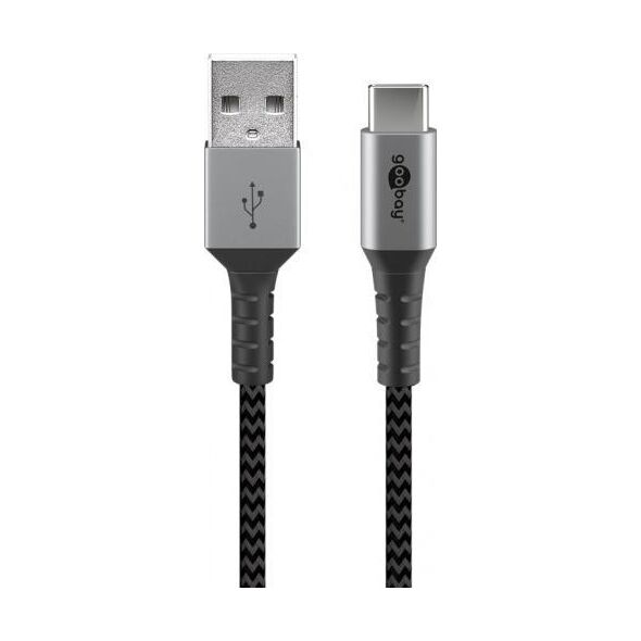 Goobay Kabel tekstylny USB-C na USB-A z metalowymi wtyczkami (szary / srebrny) 2 m - Długość kabla 2 m