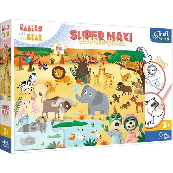 Trefl Dwustronne Puzzle 24 elementy Super Maxi Bobaski na safari 3w1