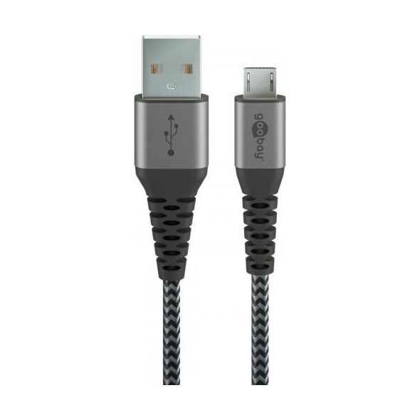 Goobay Kabel tekstylny Micro USB na USB-A z metalowymi wtyczkami ( szary / srebrny) 2 m - Długość kabla 2 m
