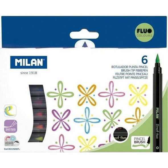 Milan Flamastry z końcówką pędzelkiem 6 kol Fluo MILAN