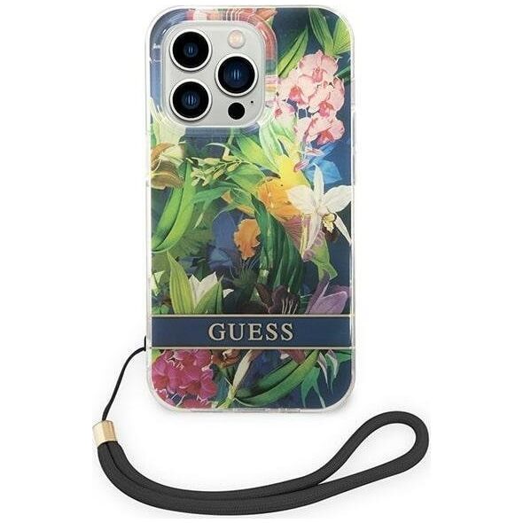 Guess Etui Guess do iPhone 14 Pro 6,1" niebieski/blue hardcase Flower Strap