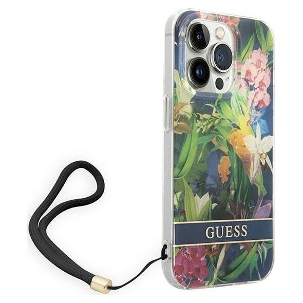 Guess Etui Guess do iPhone 14 Pro 6,1" niebieski/blue hardcase Flower Strap