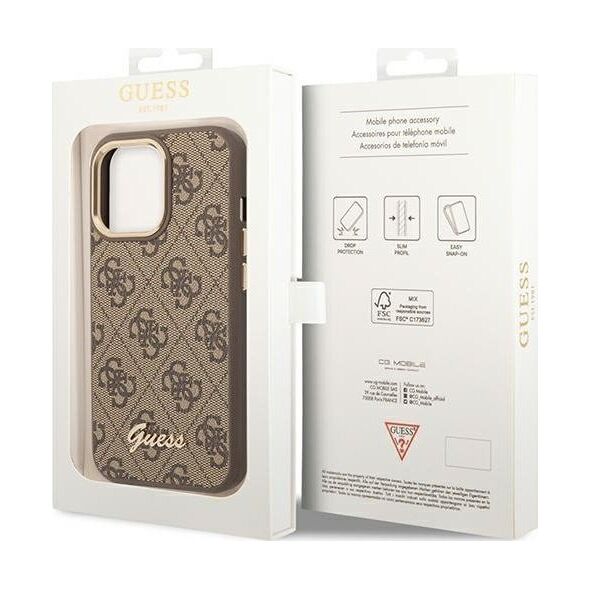 Guess Etui Guess do iPhone 14 Pro 6,1" brązowy/brown hard case 4G Vintage Gold Logo