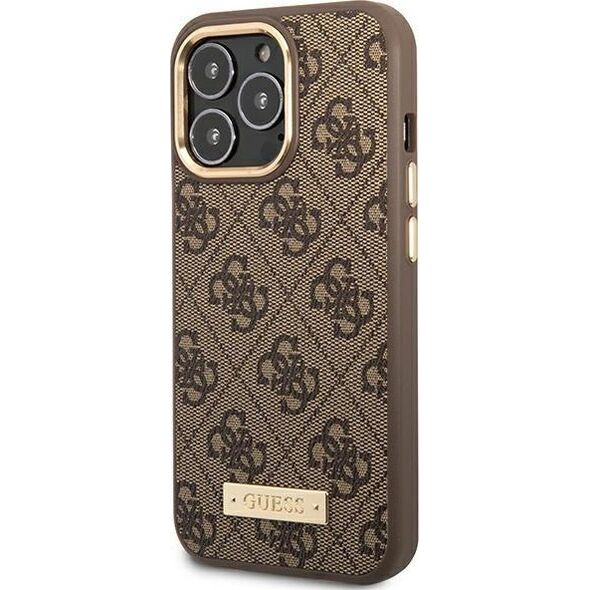 Guess Etui Guess do iPhone 14 Pro 6,1" brązowy/brown hard case 4G Logo Plate MagSafe