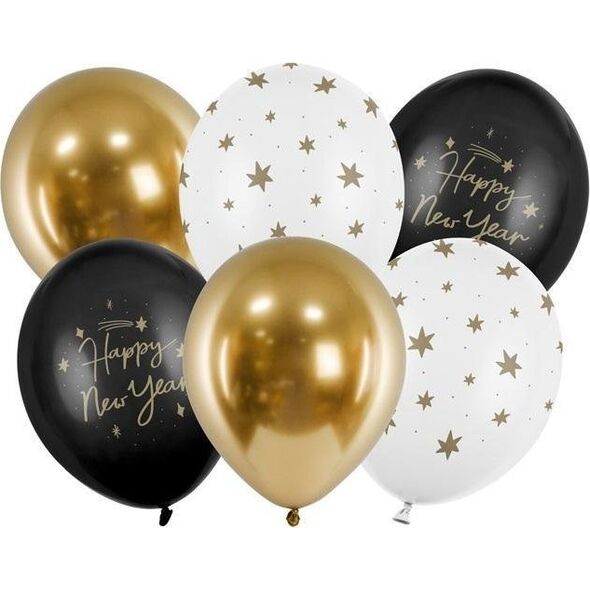 PartyDeco Balony 30cm Happy New Year 6szt
