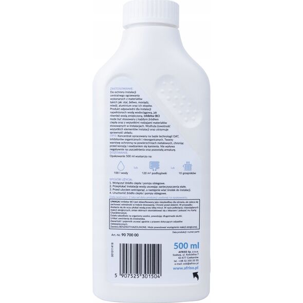 Afriso Inhibitor korozji BCI do instalacji grzewczych 500ml (wydajność 100 l wody lub 120m podłogówki lub 10 grzejników), data ważności 2 lata od daty produkcjiA