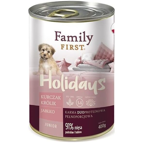 Family First Puszka dla psa, DZICZYZNA/WOŁOWINA/MARCHEW, junior, duoproteina, 400 g