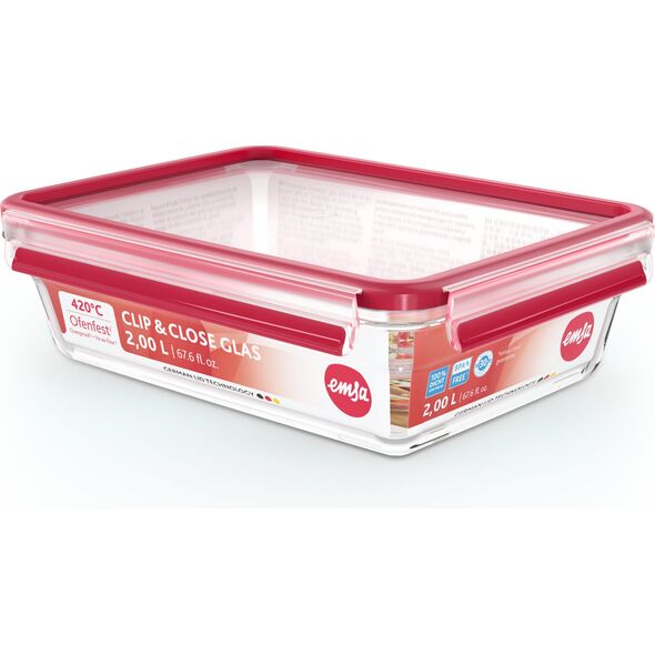 Emsa Emsa CLIP & CLOSE glass food storage container 2.0 liters (transparent/red, rectangular)