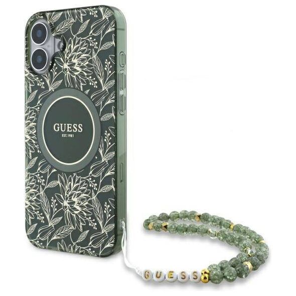 Original Case IPHONE 16 Guess Hardcase IML Flowers Allover Electro With Pearl Strap MagSafe green 3666339299606