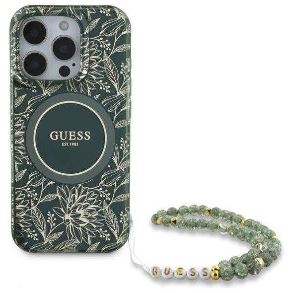 Original Case IPHONE 16 PRO MAX Guess Hardcase IML Flowers Allover Electro With Pearl Strap MagSafe green 3666339299637