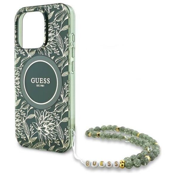 Original Case IPHONE 16 PRO MAX Guess Hardcase IML Flowers Allover Electro With Pearl Strap MagSafe green 3666339299637