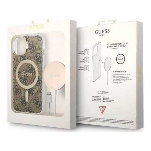 Guess Zestaw Guess GUBPP14MH4EACSW Case+ Charger iPhone 14 Plus 6,7" brązowy/brown hard case 4G Print MagSafe NoSize