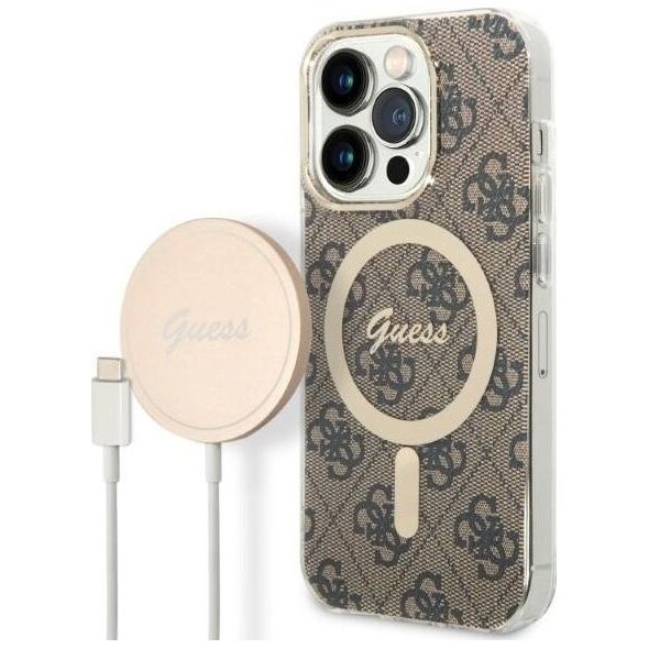 Guess Zestaw Guess GUBPP14XH4EACSW Case+ Charger iPhone 14 Pro Max 6,7" brązowy/brown hard case 4G Print MagSafe NoSize