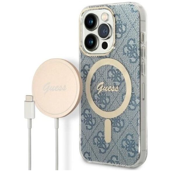 Guess Zestaw Guess GUBPP14XH4EACSB Case+ Charger iPhone 14 Pro Max 6,7" niebieski/blue hard case 4G Print MagSafe NoSize