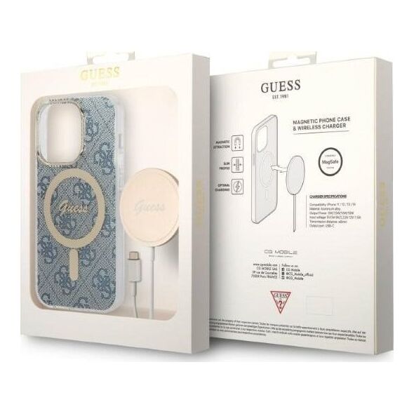 Guess Zestaw Guess GUBPP14XH4EACSB Case+ Charger iPhone 14 Pro Max 6,7" niebieski/blue hard case 4G Print MagSafe NoSize