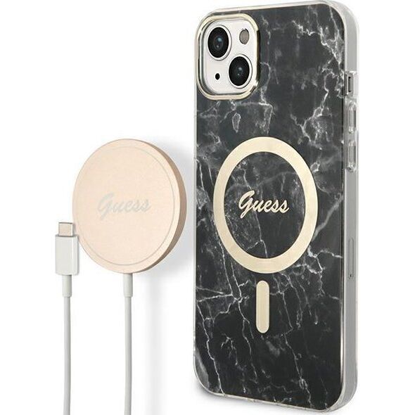 Guess Guess zestaw ładowarka MagSafe + etui do iPhone 14 Plus 6,7" czarne Marble (GUBPP14MHMEACSK)