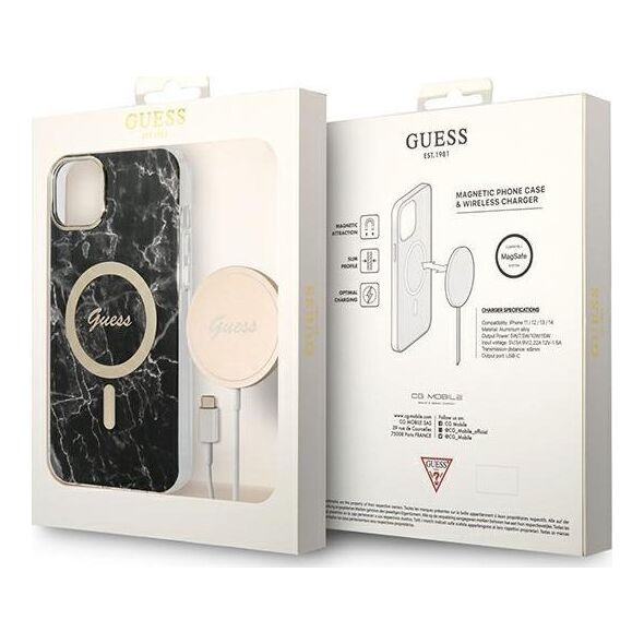 Guess Guess zestaw ładowarka MagSafe + etui do iPhone 14 Plus 6,7" czarne Marble (GUBPP14MHMEACSK)
