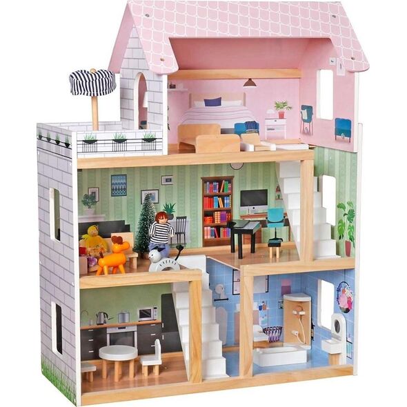 Upominkarnia Domek dla lalek drewniany Led  62x27x77 cm + 3 lalki + kotek i piesek