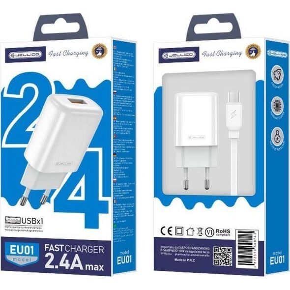 Ładowarka Jellico JELLICO ŁADOWARKA SIECIOWA EU01 2.4A  USB + KABEL MICRO USB ZESTAW BIAŁY standard