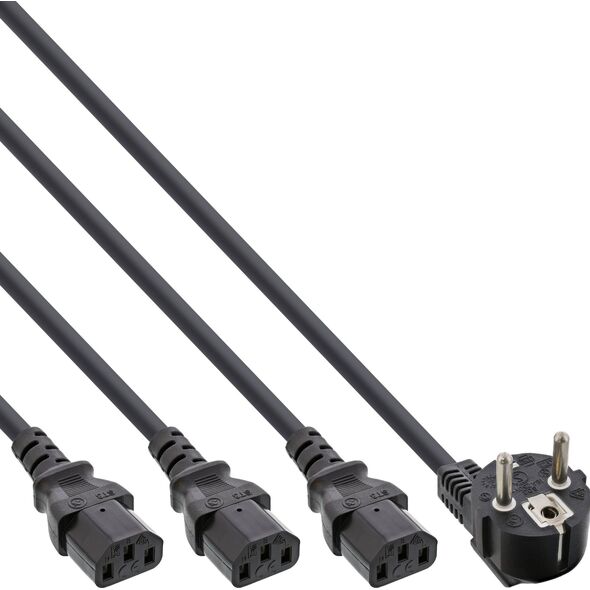Kabel zasilający InLine InLine® Y-Power Cable 1x Type F German Plug to 3x IEC Plug black, Version 3 (2m+1/3/2m)