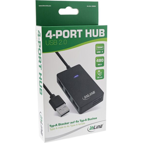HUB USB InLine InLine® USB 2.0 4-Port Hub, Type-A male to 4x Type-A female, black, 30cm