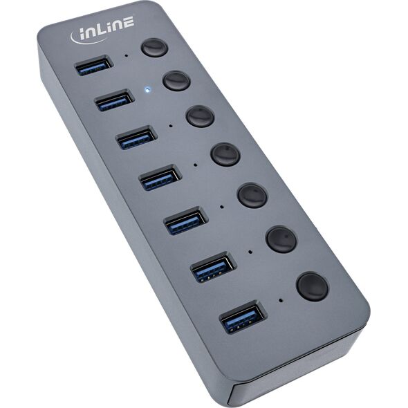 HUB USB InLine InLine® USB 3.2 Gen.1 hub, 7-port, with switch, aluminium, grey, with power supply unit