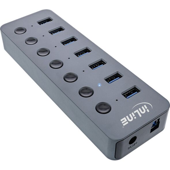 HUB USB InLine InLine® USB 3.2 Gen.1 hub, 7-port, with switch, aluminium, grey, with power supply unit