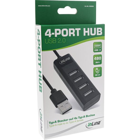 HUB USB InLine InLine® USB 2.0 4-Port Hub, Type-A male to 4x Type-A female, black, 30cm, slim design