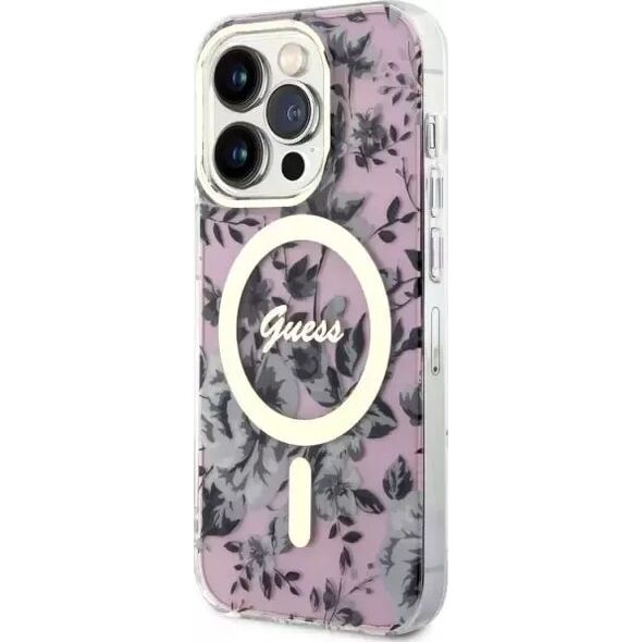 Guess Etui na telefon Guess GUHMP14XHCFWSP do Apple iPhone 14 Pro Max 6,7" różowy/pink hardcase Flower MagSafe